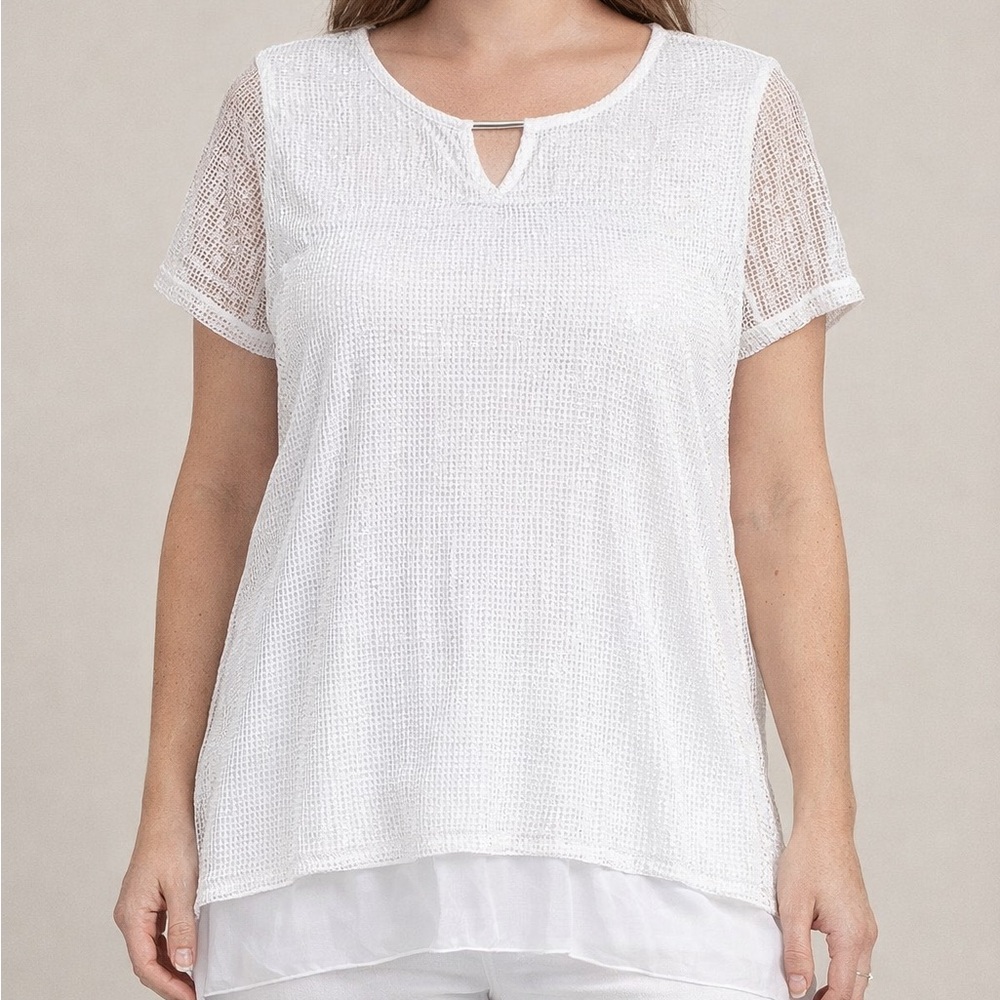 JM Collection Top Womens L White Overlaid Fishnet Keyhole Sequin Summer Beach